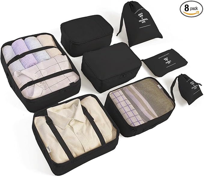 8 Set Packing Cubes for Suitcases Travel Luggage Packing Organizers,Travel Essentials Accessories Luggage Organizer with Shoe Bag Tioletry/Laundry Bag(Black)