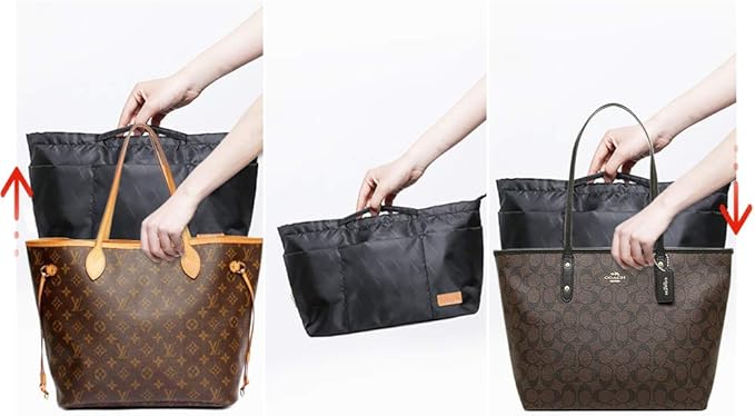 iN. Purse Organizer Insert with zipper Nylon fabric for women Handbags & Totebag, black, Medium: 15.7"(Top)/12.2"(Bottom) L × 4.7" W × 8.3" H