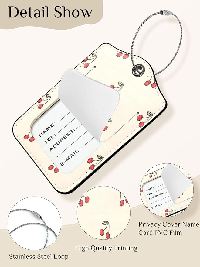 Seorsok 2Pcs Luggage Travel Tags for Suitcases,Cute Red Cherry PU Leather Name Tag with Privacy Cover&ID Label Address Card and Durable Metal Ring Suitable for Men Women Handbags Backpack,Beige