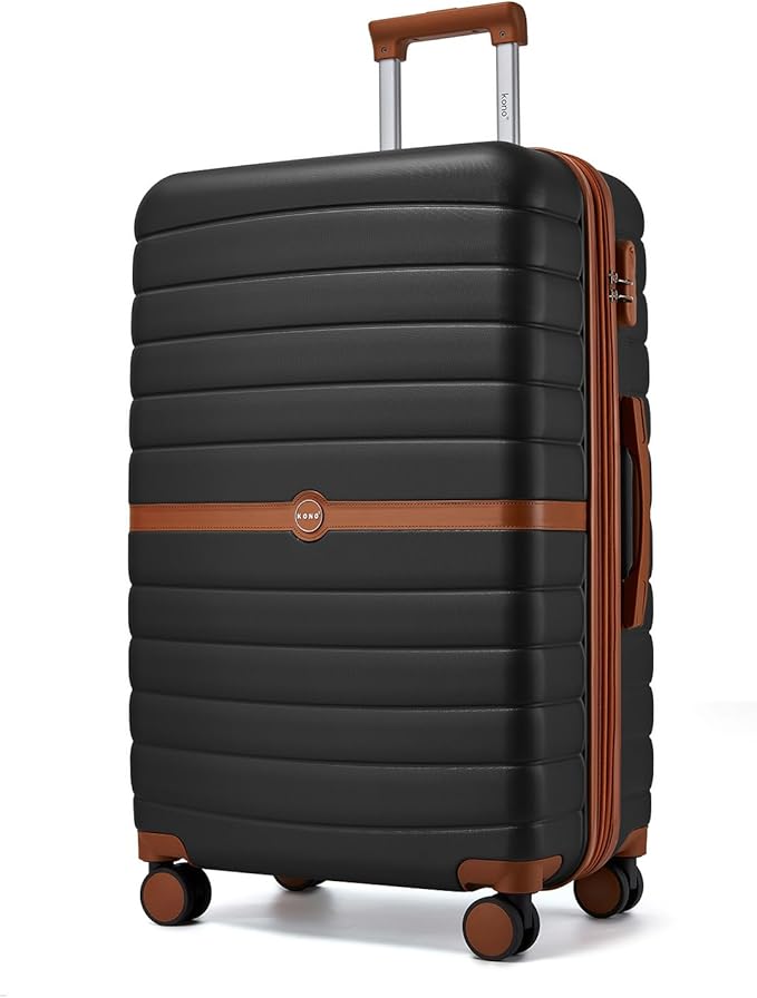 Kono Expandable 28 Inch Luggage with Spinner Wheels, Large Checked Luggage with Lock, Lightweight & Anti-Scratch PC+ABS Hardshell Travel Suitcase, Black/Brown
