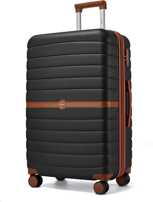 Kono Expandable 28 Inch Luggage with Spinner Wheels, Large Checked Luggage with Lock, Lightweight & Anti-Scratch PC+ABS Hardshell Travel Suitcase, Black/Brown
