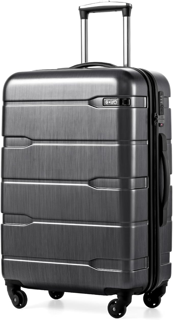 Coolife Medium Checked Luggage Hardside PC+ABS Suitcase with TSA Lock, Lightweight Rolling Carry On with Spinner Wheels(Charcoal, 24in)