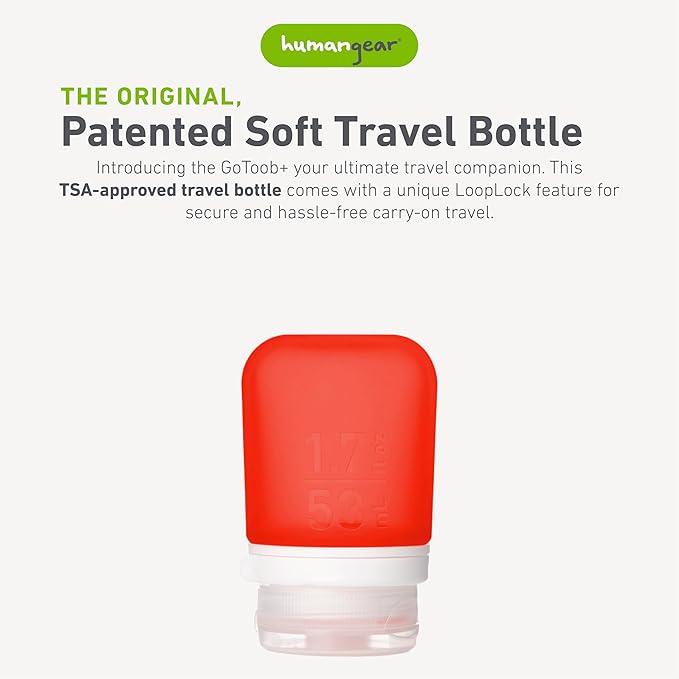 humangear GoToob+ (Small) | Refillable Silicone Travel Bottle | Locking Lid | Food-Safe Material | Red, Small (1.7 fl.oz; 53ml)