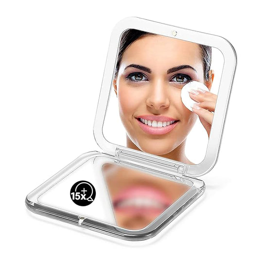 OMIRO Folding Compact Mirror, 1X/15X Magnification 3½” Pocket Size Square Hand Mirror for Travel Makeup (Silver)