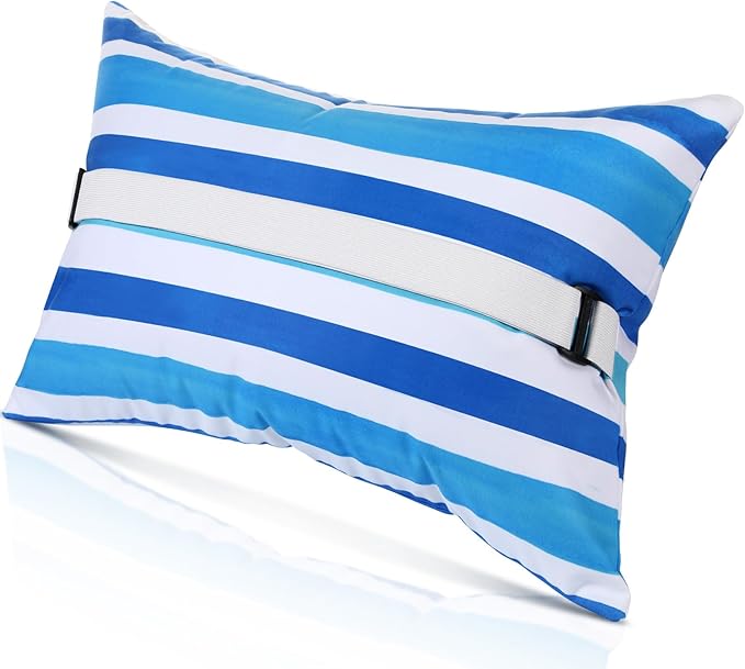 Menkxi 24"x15" Inflatable Beach Pillow with Removable Cover, Beach Chair Backpacking Pillow with Strap Stripe for Summer Sand Pools Travel Vacations(Blue White)