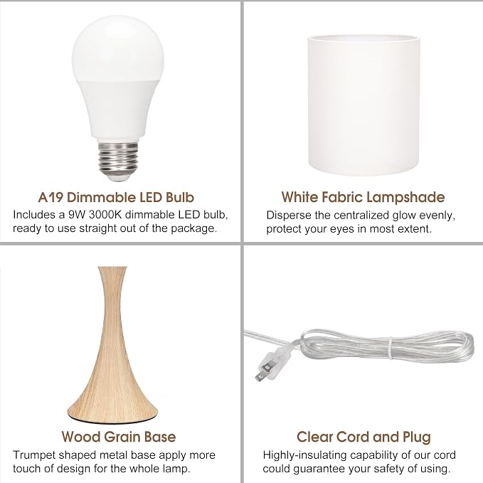 Dimmable Wood Grain Metal Table Lamp, 3 Way Touch Lamp with White Shade | Farmhouse Small Desk Lamp, Modern Nightstand Bedside Lamp for Living Room, Bedroom, Dorm, Office, 3000K LED Bulb Included
