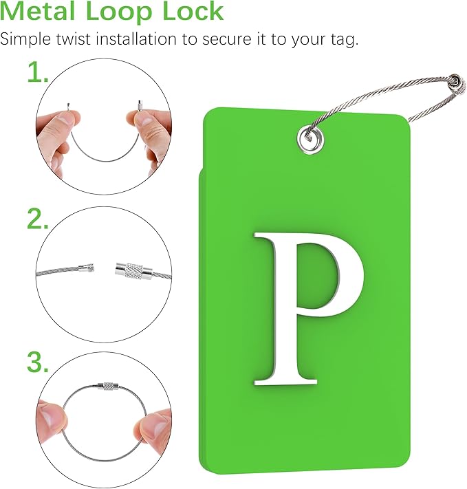 Gostwo 2 Pack Luggage Tags for Suitcases, 26 Initial Letter Travel Luggage Baggage Identification Labels ID Tag Fully Bendable Tags with Stainless Steel Loop (Green) (Letter P)