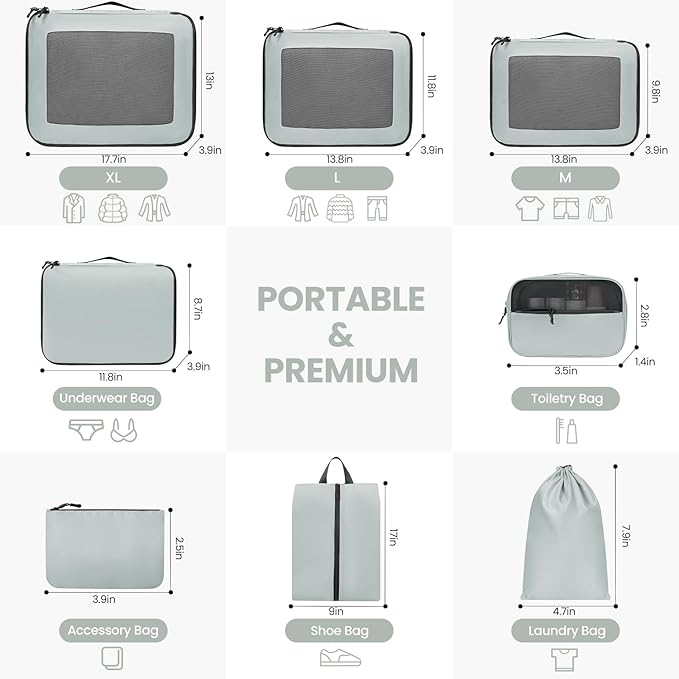 Mesh Packing Cubes for Travel, Durable Luggage Organizer with Sturdy Material and Double Zippers, Comprehensive Set for Travel Accessories Storage, 8 set, mint