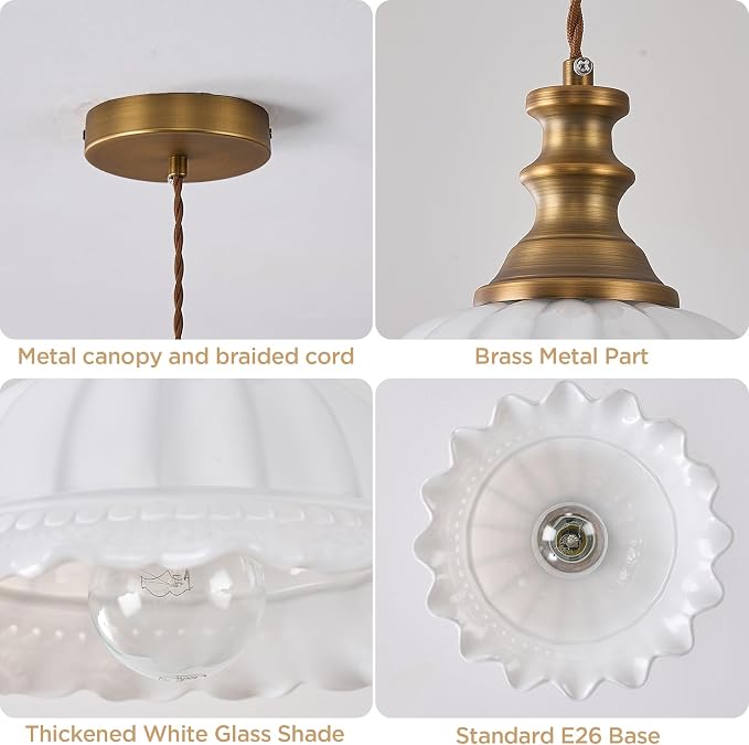 HDDFL Glass Pendant Lights Modern Pendant Lighting Fixtures Hanging Lamp for Kitchen Island Bedroom Dining Room Coffee Shop Hallway White and Brass 2 Pack