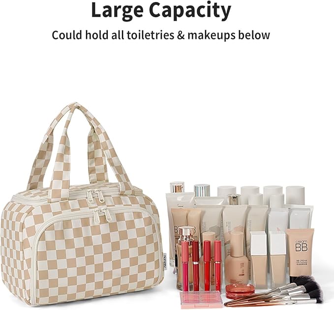 Narwey Checkered Travel Toiletry Bag for Women Large Makeup Bag, Wide-open Cosmetic Make Up Organizer with Handle, Travel Bag for Toiletries, Essentials, Accessories (Light Brown Checkerboard)