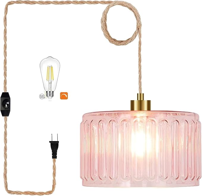 QIYIZM Pink Plug in Pendant Light Glass Hanging Lights with Plug in Cord Boho Hanging Lamp Gold Mid Century Modern Vintage Dimmable Flower Plug in Chandelier Ceiling Fixture for Living Room,Bedroom