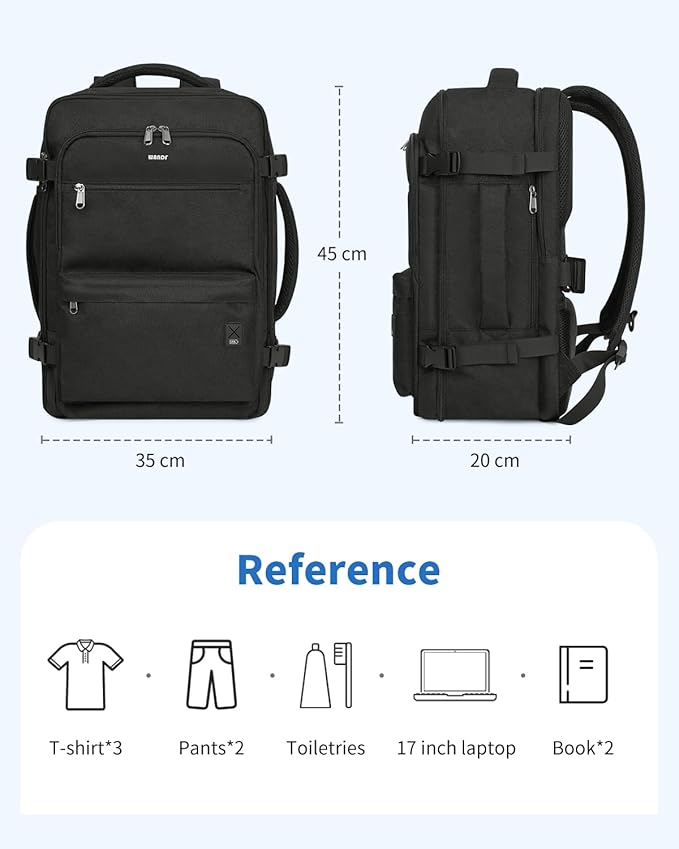 WANDF Travel Backpack For Spirit Airlines Personal Item Bag 18x14x8 with Wet Pocket, 17 Inch Laptop Backpack for Men Women（Black）