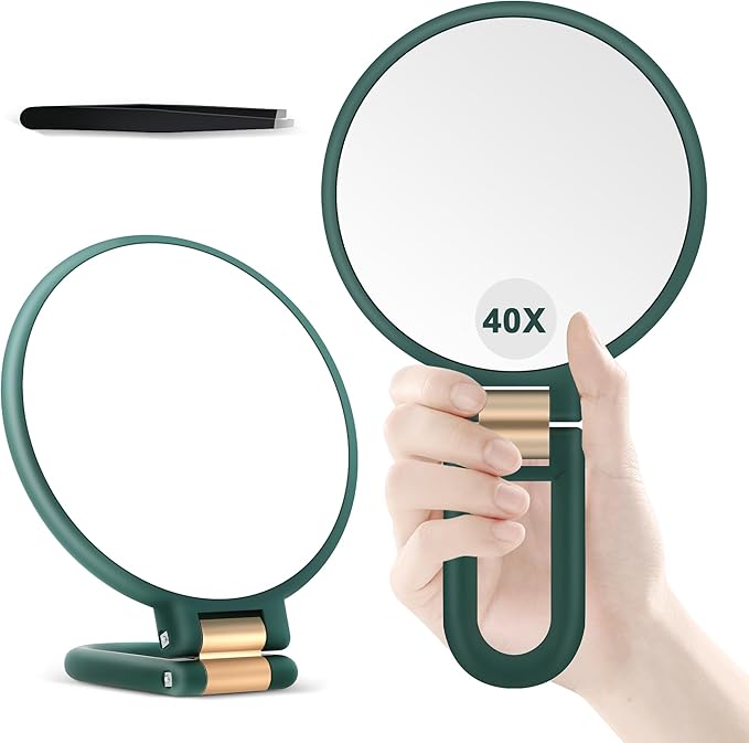 B Beauty Planet 40X Magnifying Mirror, Hand Mirror with Handle, Double Sided Hand Mirror with 40X/1X Magnification, Travel Essential Portable Foldable Makeup Mirror for Precision Makeup Green