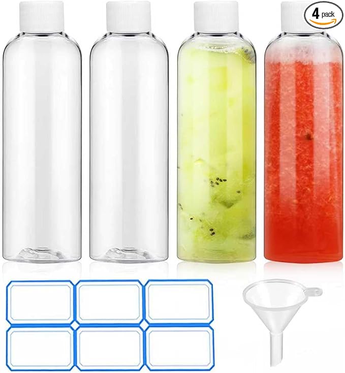 4 Pack 3.4 Oz (100ml) Clear Plastic Shot Bottles with caps - Travel Bottles for Health, Immunity, Wellness, Samples - Perfect for Ginger Juice & Personal Care on the Go