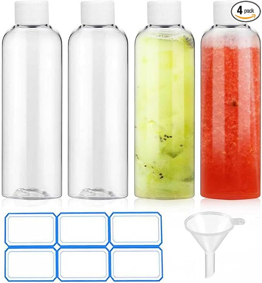 4 Pack 3.4 Oz (100ml) Clear Plastic Shot Bottles with caps - Travel Bottles for Health, Immunity, Wellness, Samples - Perfect for Ginger Juice & Personal Care on the Go