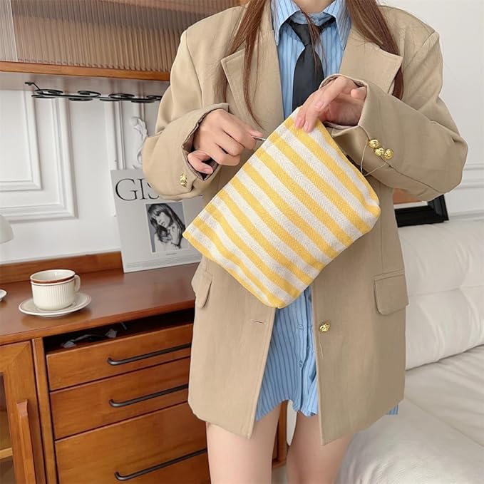 PAZIMIIK Makeup Bag Large Cotton Zipper Pouch for Purse Travel Canvas Make Up Organizer for Women Cosmetic,Stripe Yellow