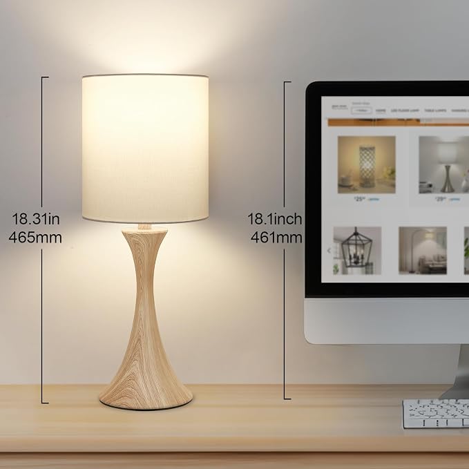 Dimmable Wood Grain Metal Table Lamp, 3 Way Touch Lamp with White Shade | Farmhouse Small Desk Lamp, Modern Nightstand Bedside Lamp for Living Room, Bedroom, Dorm, Office, 3000K LED Bulb Included
