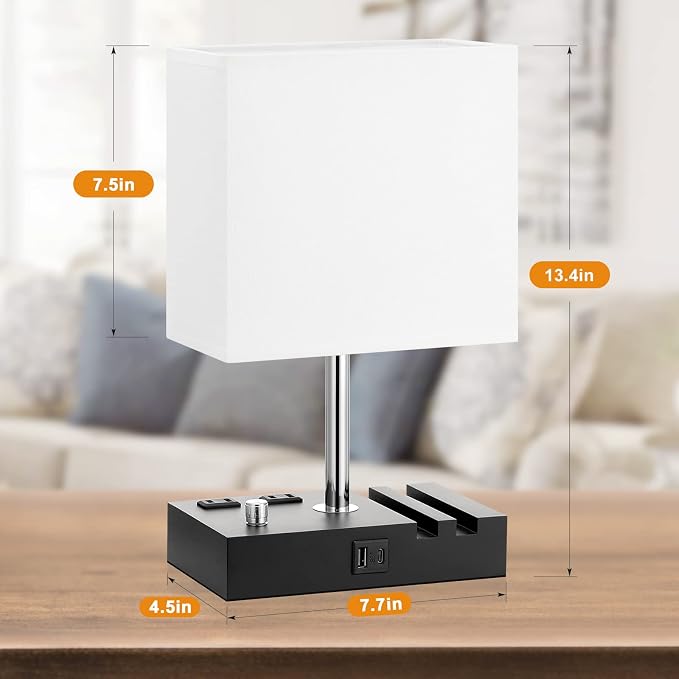 White Bedside Table Lamps Set of 2 - Dimmable, USB C+A, 2 AC Outlets | Dimming By Rotary Knob, USB C+A Ports, 2 Phone Stands, LED Bulbs Included, Rectangle White Lampshade, for Living Room, Desk