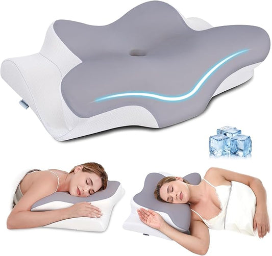 Cervical Neck Pillow, Memory Foam Pillows for Neck & Shoulder Pain Relief, 2 Heights Ergonomic Pillow with Breathable Ice Silk Cover, Neck Support Pillow for Stomach Sleepers White