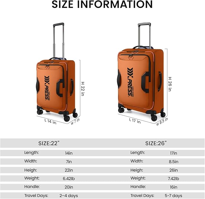 2-Piece Set（22in/26in） Front Opening,Softside Luggage Sets w/Double Spinner Wheels Suitcase,Waterproof,Lightweight Travel Luggage Rolling Suitcase（Orange,22in/26in）