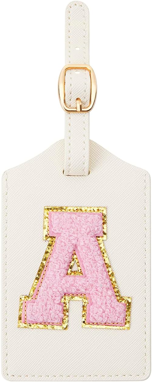 Initial Luggage Tag, PU Leather Luggage Tag, Embroidered Luggage Tag, Letter Luggage Tag, Monogrammed Luggage Tag, Luggage Tag for Baggage Bag Suitcase (A, White Leather+Pink Letter)