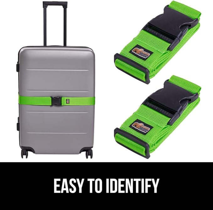GORILLA GRIP Heavy Duty 4 Pack Adjustable Luggage Straps for Suitcases, Easy to Identify Travel Belt Connector Holds Suitcase Together, Extends Life of Bag, Strap Connects Two Bags, Accessories Green