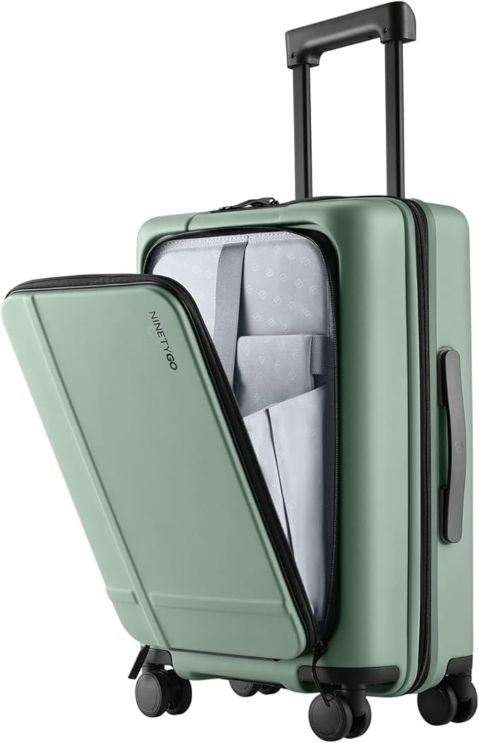 NINETYGO Carry On Luggage 22x14x9 Airline Approved, 20 Inch Suitcase with Front Compartment, Lightweight PC Hard Shell, Cup Holder, Clamshell, TSA Lock, Spinner Wheels (Creamy Matcha Tea)