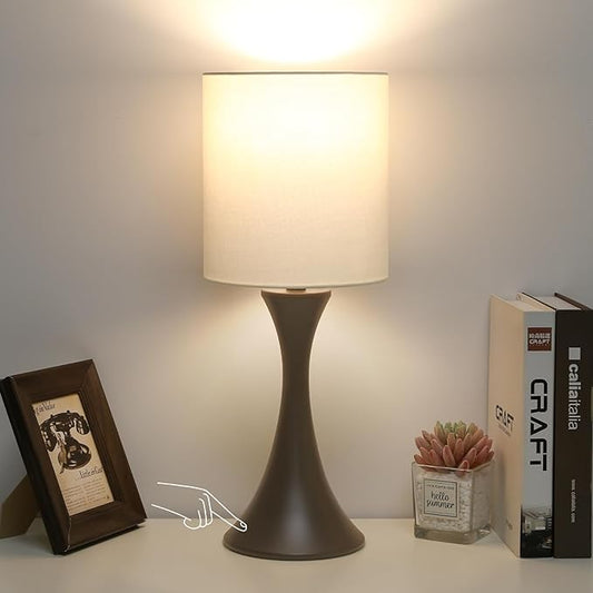 3 Way Touch Control Table Lamp, Dimmable Bedside Lamp, Nightstand Light | Desk Lamp with Beige Shade and Dark Brown Base, Small Lamp for Living Room, Bedroom, Dorm, Office, 3000K LED Bulb Included