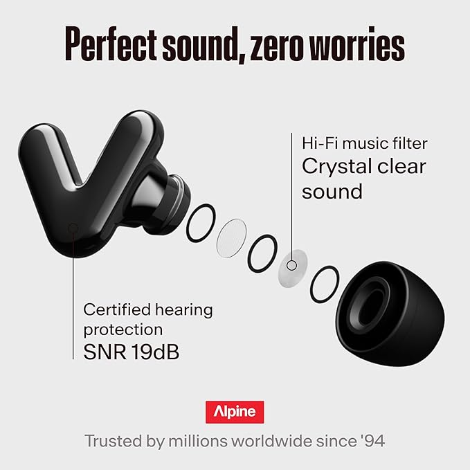 Alpine Tune Earplugs, Concert Ear Plugs for Noise Reduction, High Fidelity Music Quality, 19dB Hearing Protection with Crystal Clear Sound, Incl. 4 Sizes, for Parties, Raves, Festivals & Clubs, Black