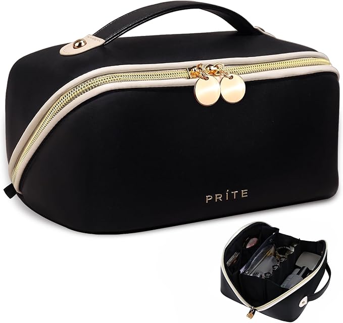 Prite Makeup Bag for Women Travel Waterproof Vegan Leather Cosmetic Bag Open Flat Toiletry Bag With Clear Divider and Handle (Large Black Pro)