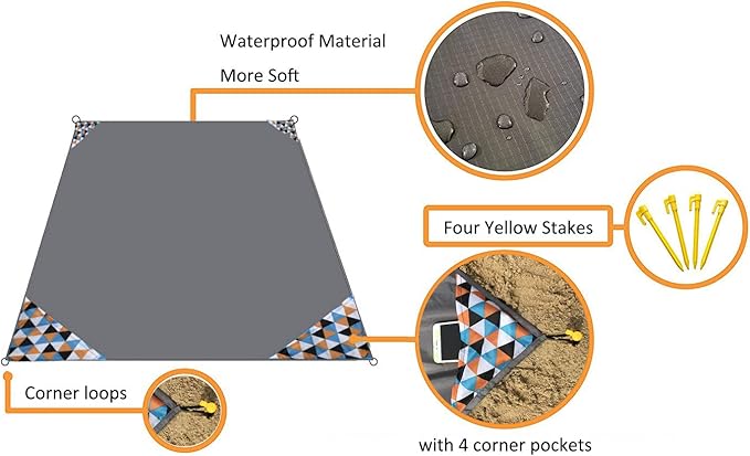 Pocket Blanket 71"x55", Lightweight Compact Sandproof Waterproof Outdoor Blanket for Beach, Hiking, Camping, Travel, Festivals, Picnic with Pockets, Loops, Stakes, Carabiner