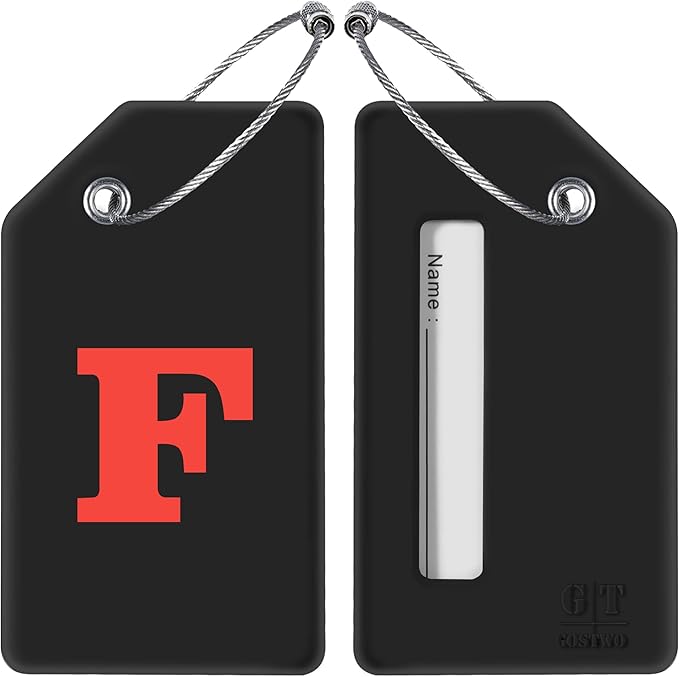 Gostwo 2 Pack Silicone Luggage Tags for Suitcases, 26 Initial Letter Baggage Labels Handbag School Bag Suitcase Instrument Tag with Stainless Steel Loop(Black)(Letter F)
