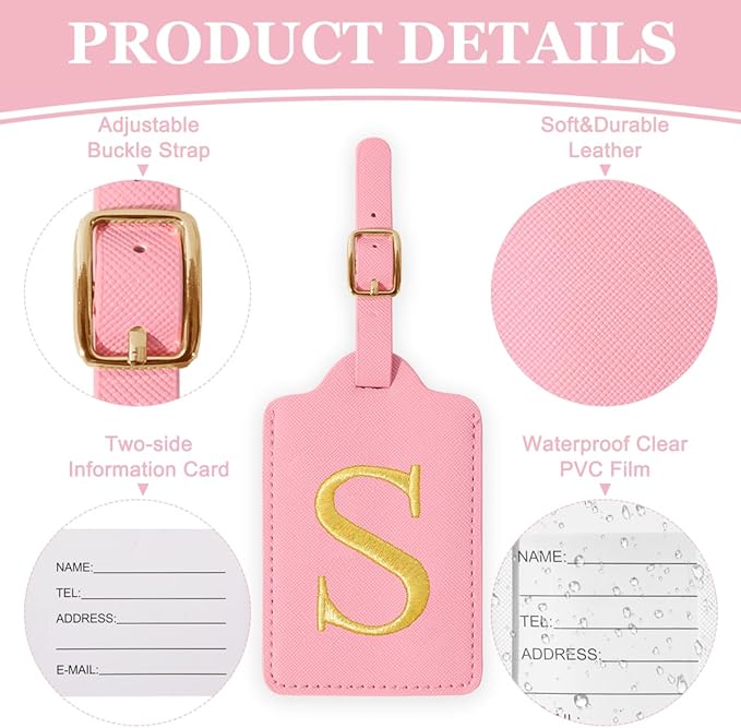 Personalized Initial Luggage Tags for Suitcases,Leather Letter Cute Luggage Tags with Privacy Name Card,Embroidered Monogrammed Travel Bag Backpack Tag Gifts for Women Kids Girls Teens(Pink-S)