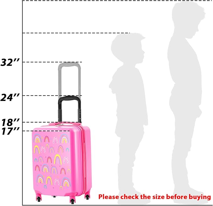 Redbaker 17 Inch 6 Pcs Kids Luggage Set Kids Rolling Luggage Double Pattern Suitcase for Boys Girls (Dusty Pink, Rainbow Style)