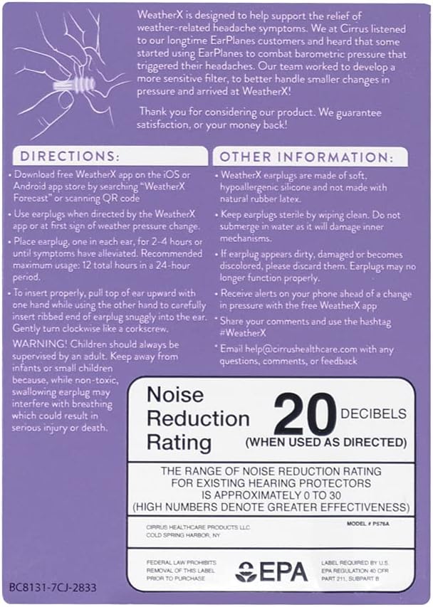 Pressure Filtering Earplug for Shifts in Barometric Weather Pressure, Download Free Alert app (Regular 2 Pk)