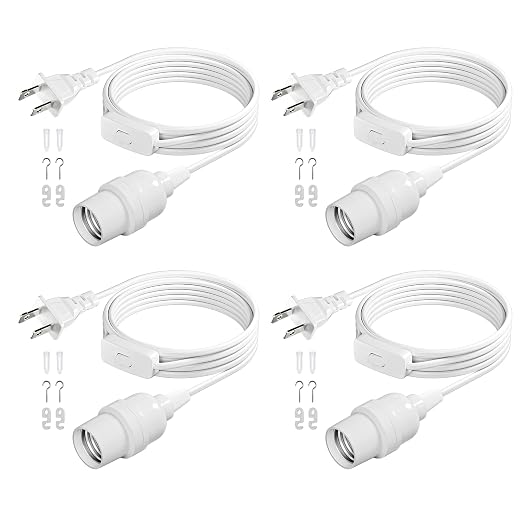 DiCUNO Pendant Light Cord, for Hanging Paper Lantern, 6.6 Ft, White, 4-Pack | Hanging Lantern Extension Cord Cable, E26 Pendant Light Socket with On/Off Switch Control, Switch Close to Polarized Plug