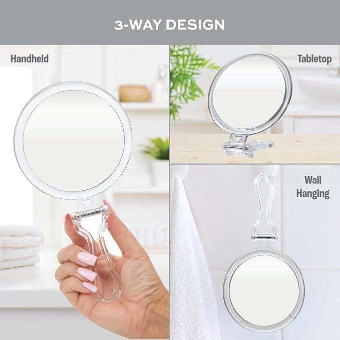 ForPro Professional Collection Expert 30X Magnifying Handheld Mirror, Double-Sided Hand Mirror with Folding Adjustable Handle for Makeup, Travel, Clear