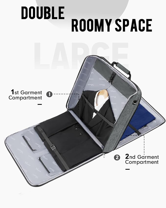 MATEIN Travel Garment Bag, Double Layer Folding Suit Bag with Adjustable Strap for Business Trips, Large Waterproof Wrinkle Free 2 in 1 Hanging Suitcase Cover Luggage for Shirts Dresses Coats, Grey