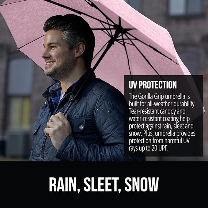 GORILLA GRIP Strong Windproof Stick Compact Umbrella for Rain, One-Click Automatic Open and Close, Durable Quick Dry Waterproof Material, Lightweight and Portable, Travel Size Fits Backpack, Pink
