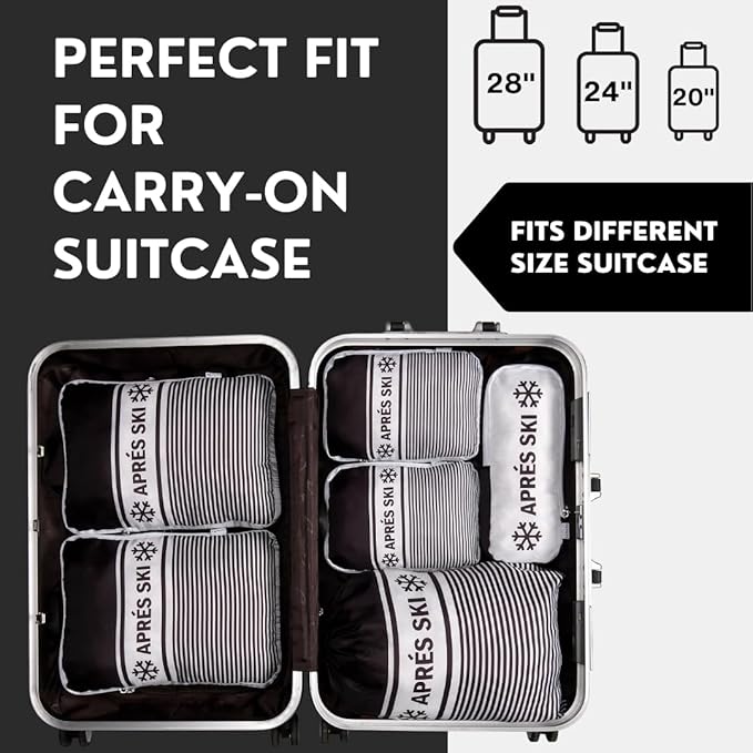 Apres Ski Compression Packing Cubes for Travel 6PC Set, Suitcase Organizer & Space Saver Bags for Luggage with Drawstring Backpack, Apres Ski Bags