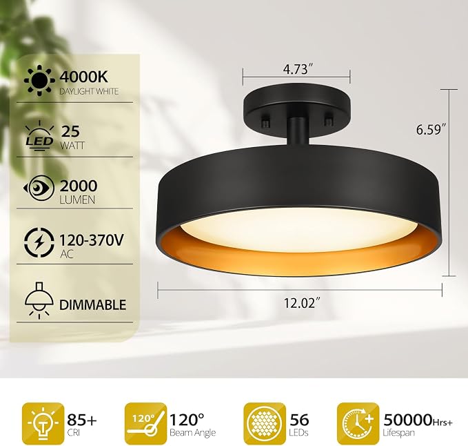 Semi Flush Mount LED Ceiling Light 4000K, 12 Inch 25W Dimmable | Neutral White, 2000LM, 200W Equiv. Gold Inside, Round Hanging Lights for Bedroom, Foyer, Hallway, Entryway, Living Room