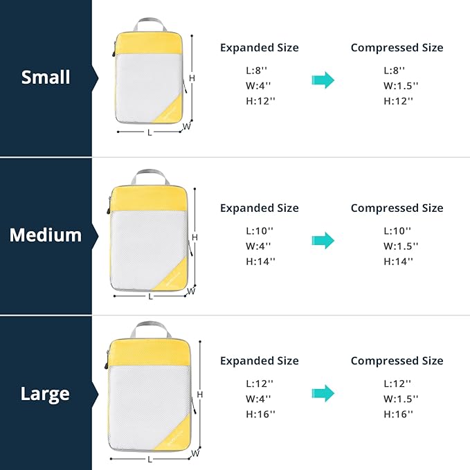 Compression Packing Cubes 6 Set, Compressible Space-Saving Packing Cubes for Travel - Compression Bags, Luggage Organizer, Travel Essentials for Women, Golden Yellow