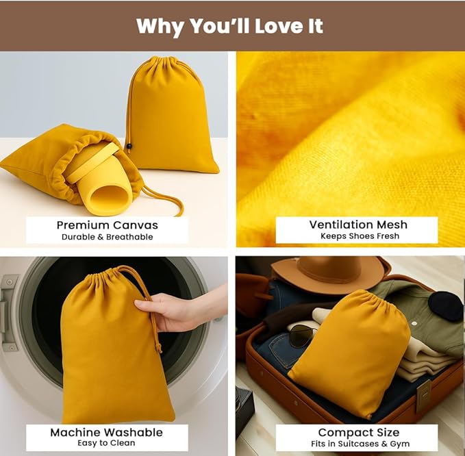 LFH Cotton Rich Shoe Storage Bags with Drawstring, Dustproof Breathable Reusable Organizer, Perfect For Travel, Dorm, Hotel, College, Gym, Easy to Carry, Machine Washable 8"x17" (Pack of 4) - Golden
