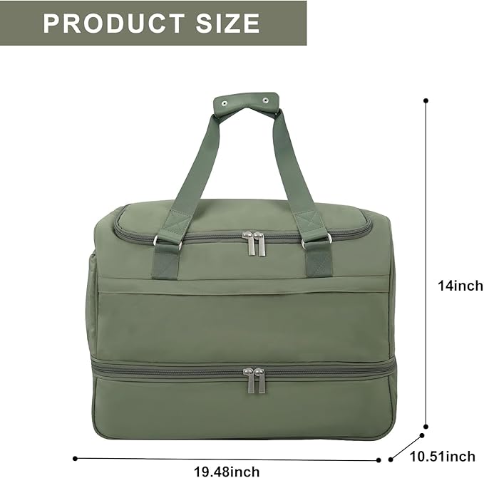 Carry On Travel Duffel Bag for Women & Men,Overnight Weekender Bag with Shoe Compartment,Trolley Sleeve and Adjustable Shoulder Strap,Business & Weekend Travel,Gym,Sports,Yoga & Dance (Green)