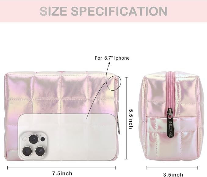 E-Tree Cute Makeup Bag,Quilted Cosmetic Bag,Make up Pouch for Purse,Toiletry Zipper Pouch,Checkered Bag,Travel Case,Storage Pouches for Organization (Dazzling Pink)