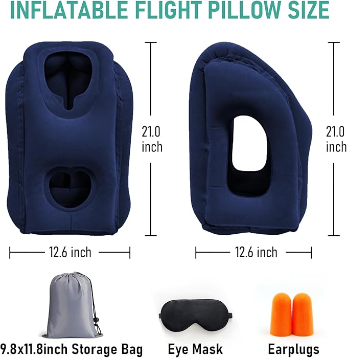Inflatable Travel Pillow for Airplanes, Airplane Pillow for Long Flight Comfortably Supports, Used for Planes, Trains, Cars, Includes Storage Bag, Eye Mask & Earplugs (Blue)