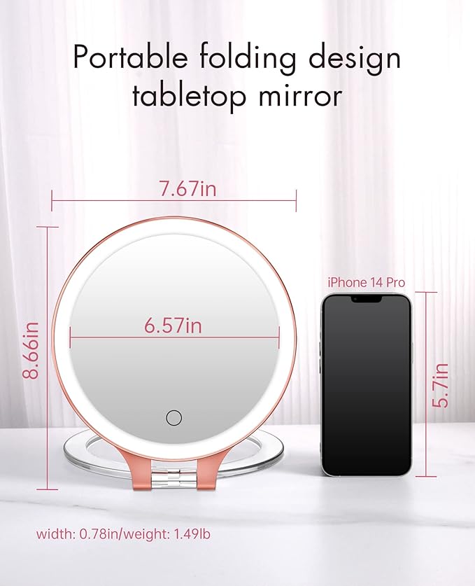 FASCINATE Magnifying Mirror 10X 1X Double Sided Magnification, Makeup Vanity Mirror Rechargeable Lighted with 3 Color Setting Adjustable Rotation LED Vanity Desk