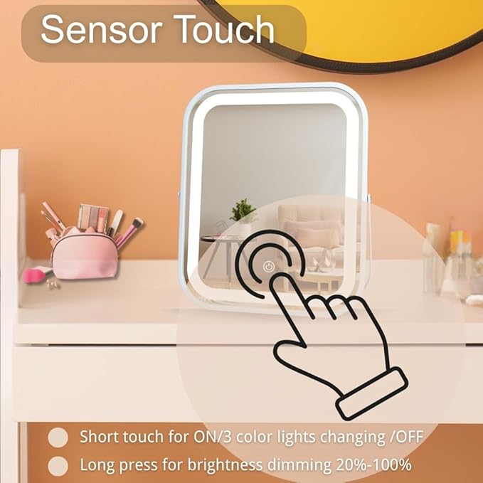 LED Makeup Mirror 8x10 Rechargeable with 3 Color Settings, Touch Control, Portable & Cord-Free Vanity Mirror, Premium Metal Frame, Gift-Ready for Travel Mirror White