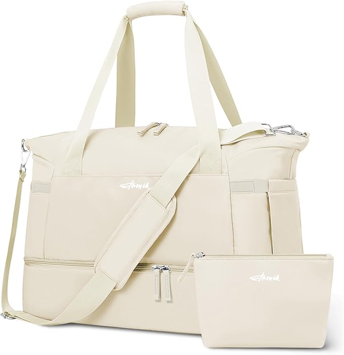 ETRONIK Gym Bag for Women, Personal Item Travel Bag with Shoes Compartment, Weekender Overnight Duffel Bag with Wet Pocket, Carry On Bag for Women, Travel, Gym, Weekend (Beige)