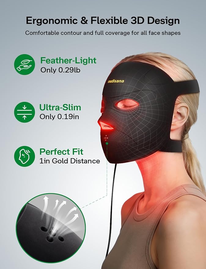 Medisana 3D Red Light Therapy Mask for Face, 336 LEDs Light Therapy Mask with 3 Modes - NIR 830nm, Red 630nm, Blue 415nm - Cordless & Rechargeable LED Face Mask for Home, Skincare Gifts for Women Mom